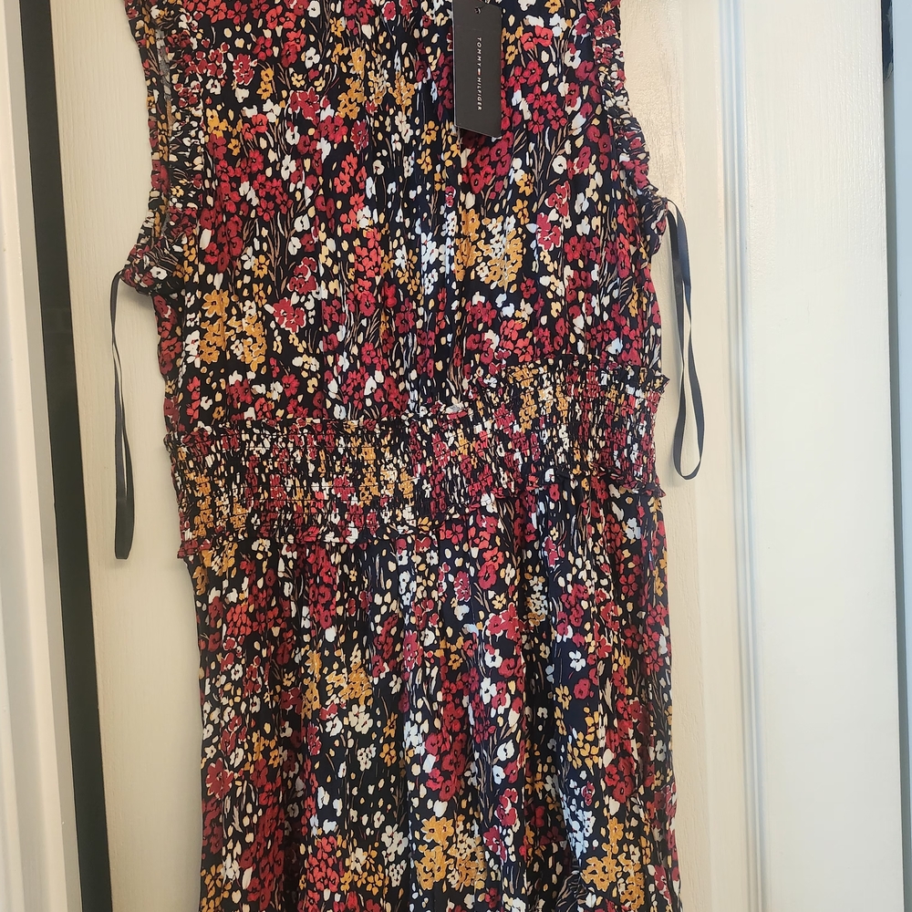 Tommy Hilfiger Black Floral Midi Dress with Red and Mustard Accents